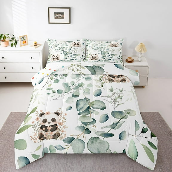 Cartoon Panda Twin Bedding Sets Woodland Wildlife Animal Comforter Set, Eucalyptus Leaf Bedding Comforter Sets Pink Floral Flower Duvet Insert, Jungle Bear Down Comforter Room Decor