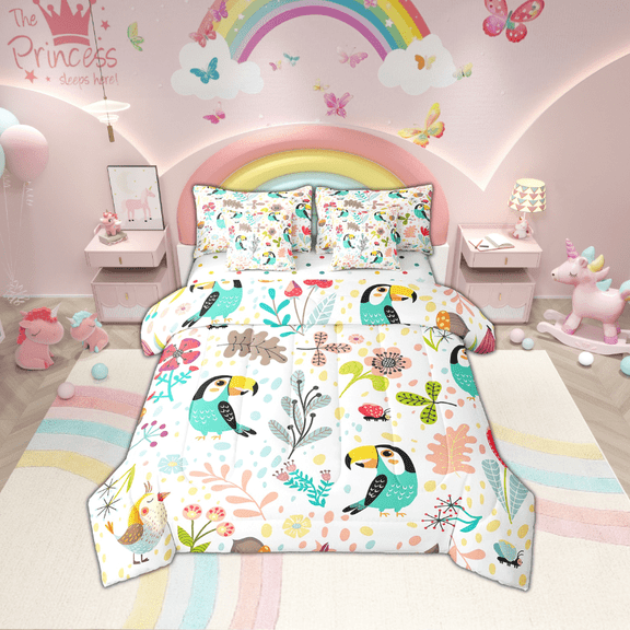 Cartoon Parrot Bed In A Bag With Sheets Cute Tropical Jungle Bird Comforter Set 7 Piece Full Kawaii Woodland Leaves Flower Bedding Set ,Botanical Plant Bed Set