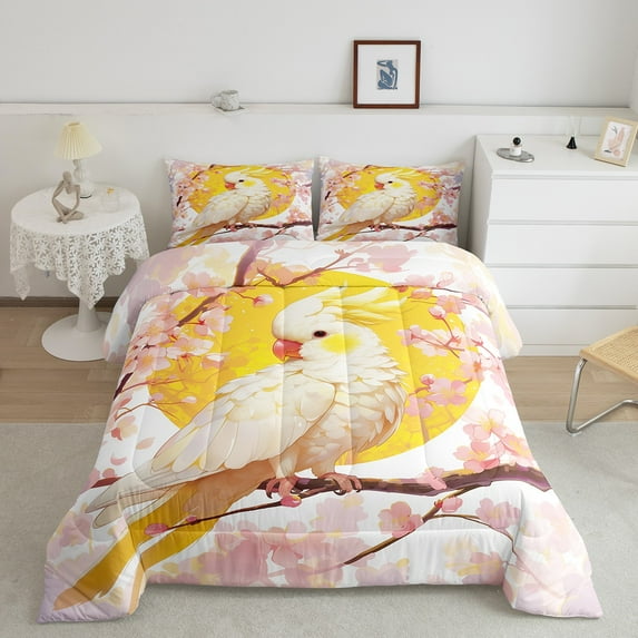 Cartoon Parrot Twin Comforter Set Pink Cherry Blossoms Bedding Sets, Floral Down Comforter Bohemian Moon Print Quilt Set Jungle Wild Animal Bed Set,Japanese Style Decor