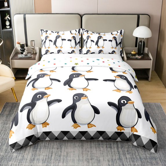 Cartoon Penguin Comforter Cover,Cute Penguin Duvet Cover,Kawaii Antarctic Animals Bedding Set King,Winter Themed Christmas Gifts Bedspread Cover Black Grey Geometric Bedroom Decor
