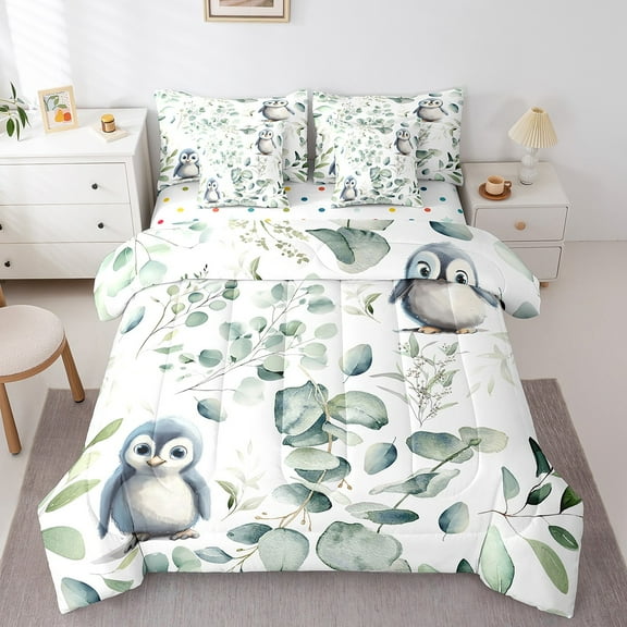 Cartoon Penguin Twin Comforter Set 7 Pieces Woodland Wildlife Bedding Comforter Sets, Spring Bed in a Bag Eucalyptus Leaf Bedding Set, Antarctic Animal Theme Bed Sheets Set Room Decor