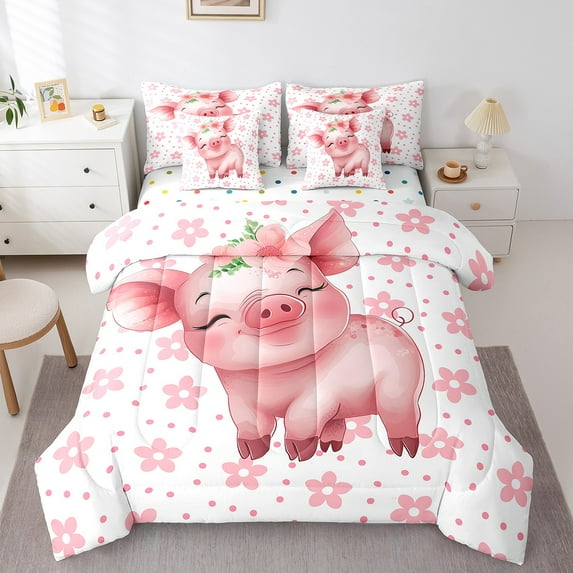 Cartoon Pig Bedding Queen Size 7pcs Pink Flower Floral Comforter Set, Cute Piggy Bedding Comforter Sets Kawaii Farm Animal Bed in a Bag, Chic Blossoms Bedding Accessories