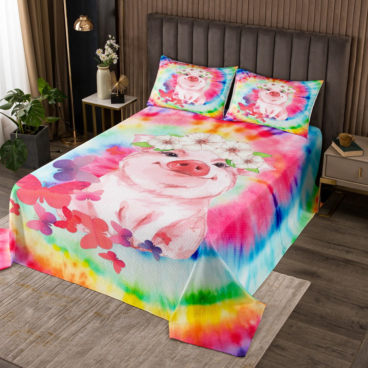 YST Cartoon Pig Bedspread King Size Red Butterfly Quilt Set, Bohemian