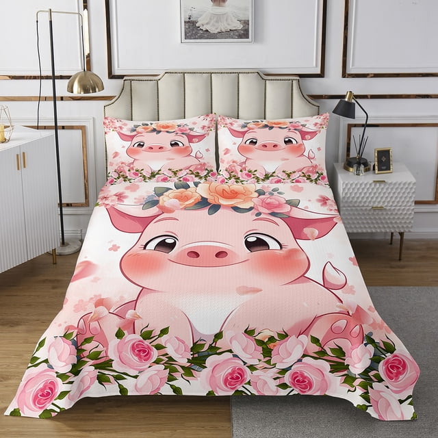 YST Cartoon Pig Bedspread Set Pig Gifts for Pig Lovers Pink Cute Animal