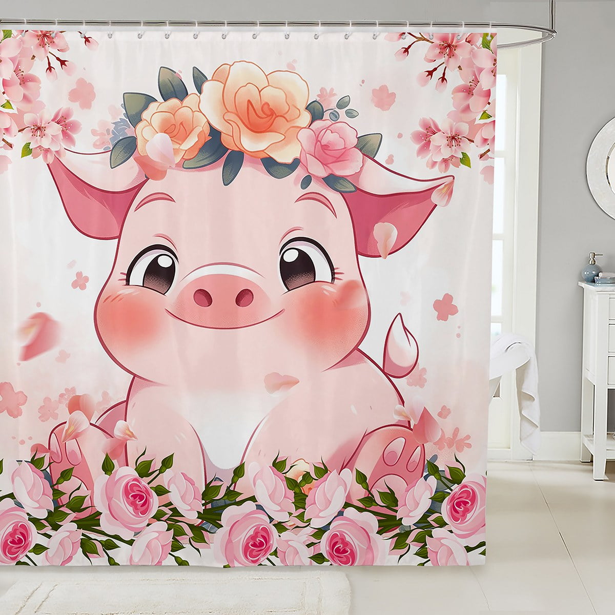 YST Cartoon Pig Shower Curtain Pig Gifts for Pig Lovers Pink Cute