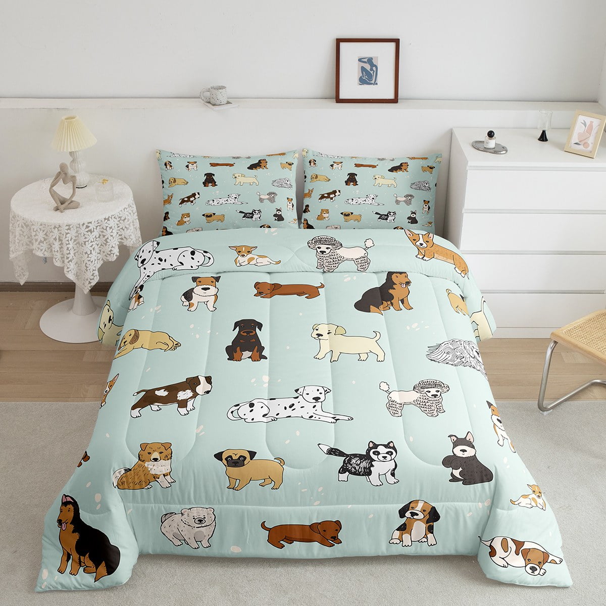 YST Cartoon Pug Bedding Set Queen Kawaii Animals Comforter Set