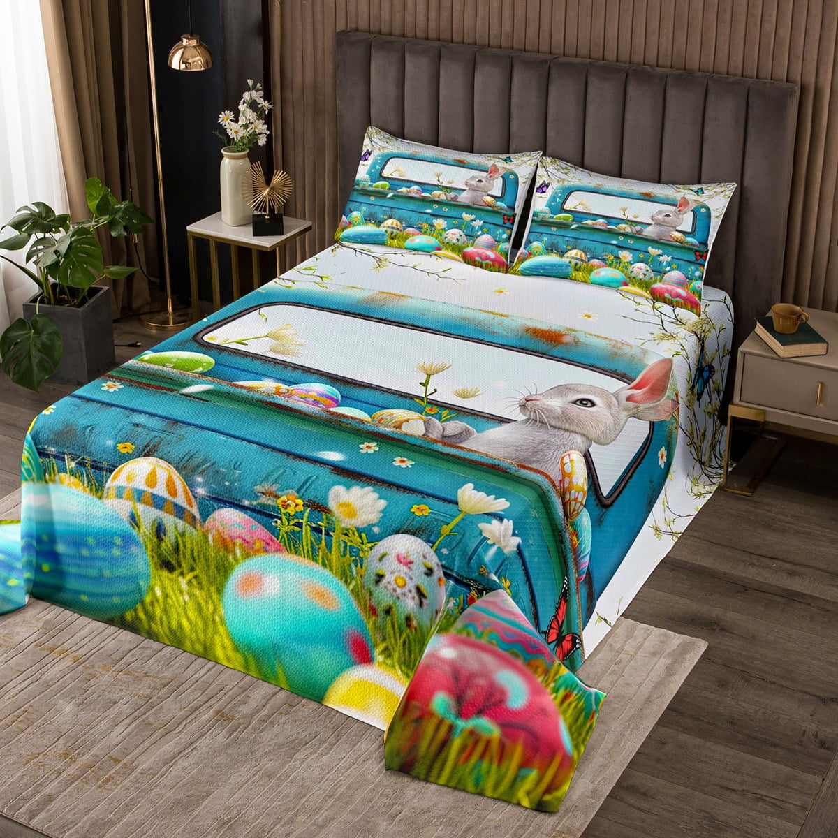 YST Cartoon Rabbit Quilt Set 3 Piece Colorful Easter Eggs Print