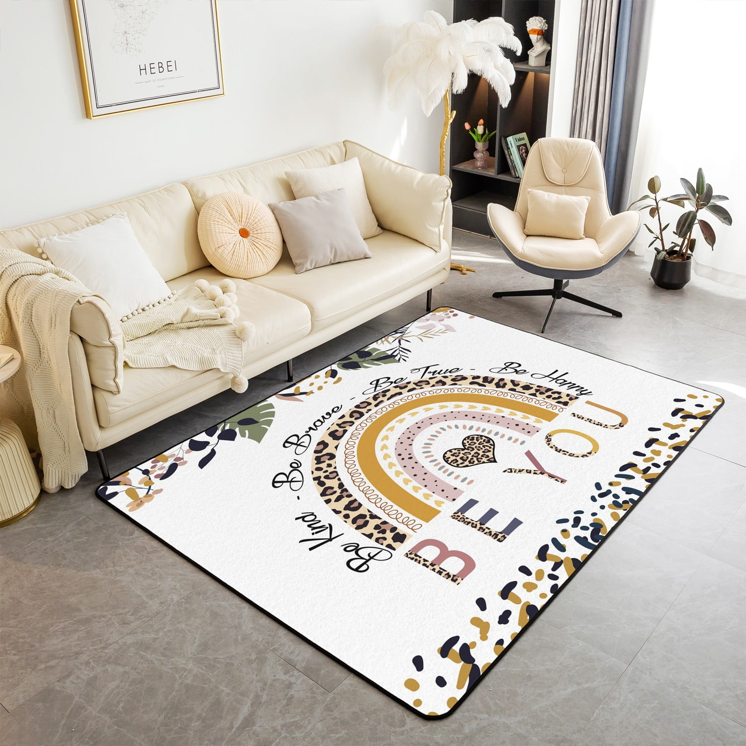 YST Cartoon Rainbow Area Rug,Leopard Print Living Room Rug 3x5 for