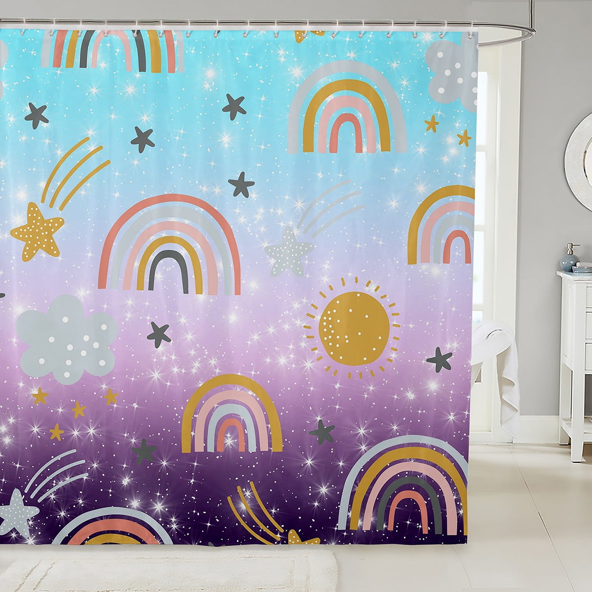 YST Cartoon Rainbow Bathtub Shower Curtain For Kids, Sun Stars Cloud