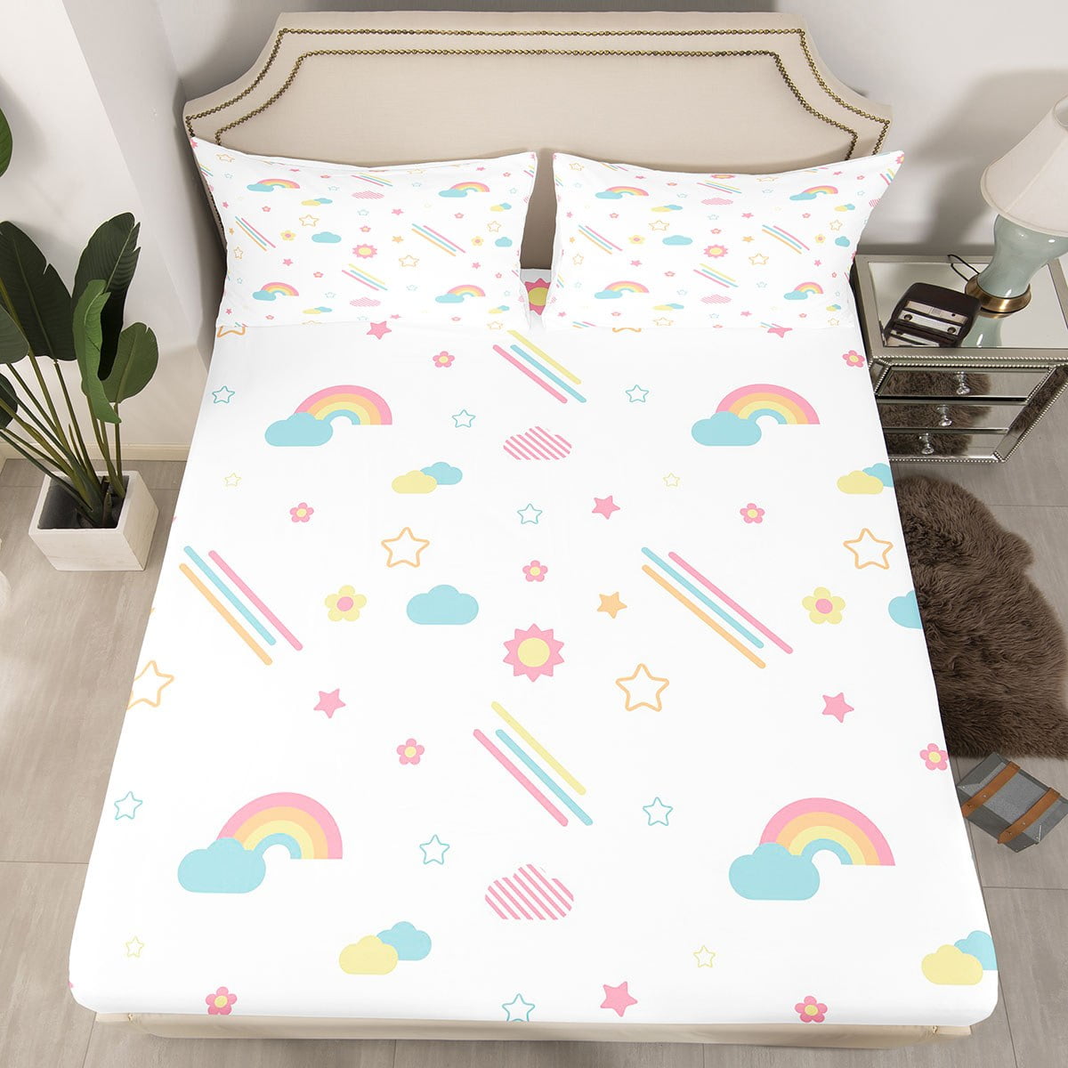 YST Cartoon Rainbow Bed Sheets for Boys Girls Kids Galaxy Stars Clouds