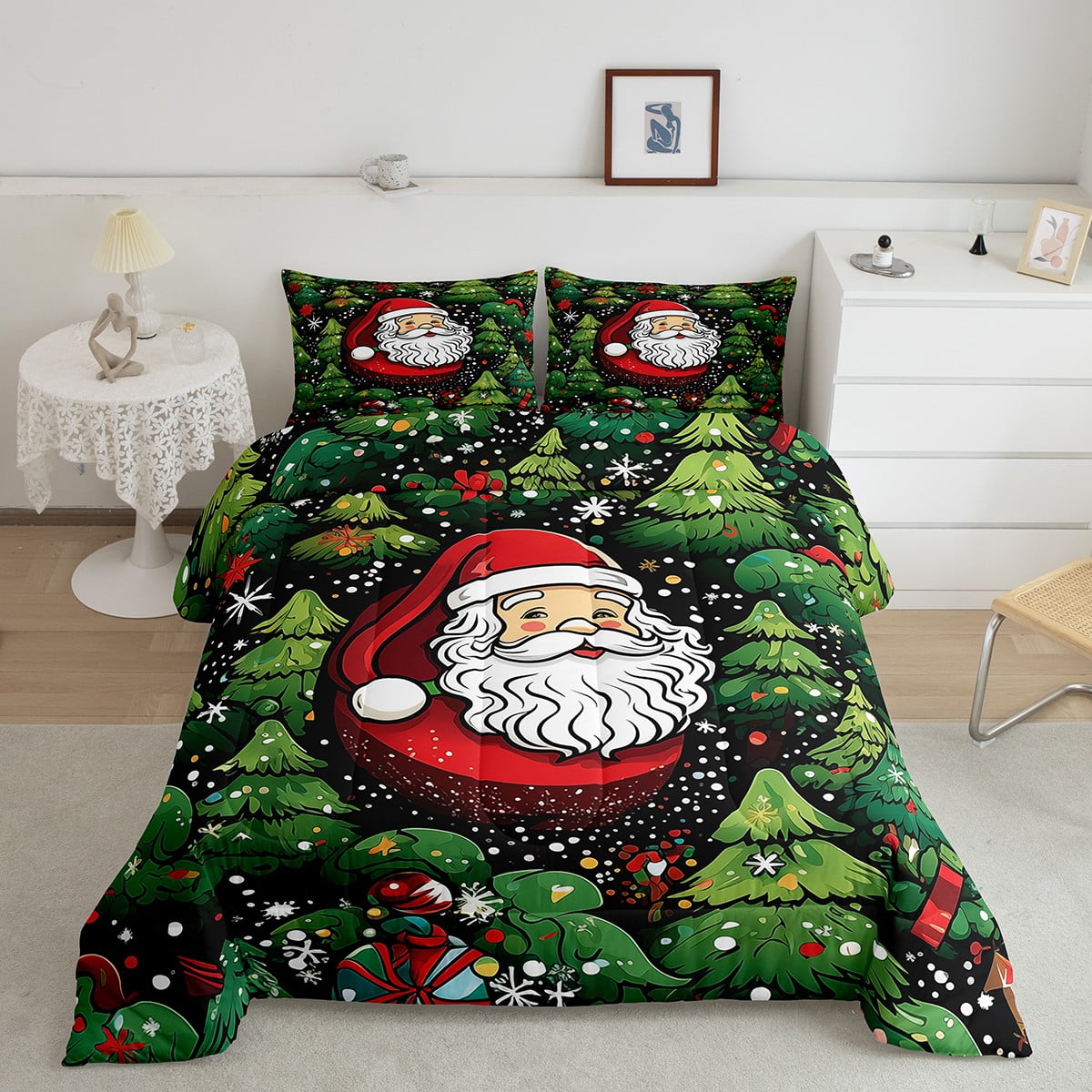 YST Cartoon Santa Claus King Size Comforter Set Green Christmas Tree