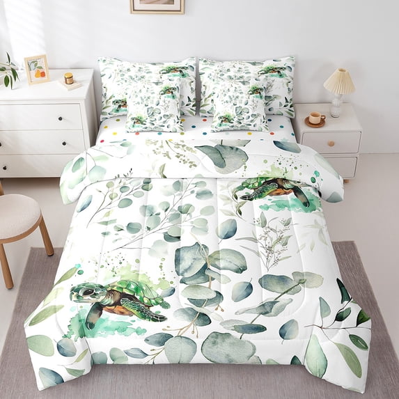 Cartoon Sea Turtle Twin Comforter Set 7 Pieces Ocean Wildlife Bedding Comforter Sets, Spring Bed in a Bag Eucalyptus Leaf Bedding Set, Marine Animal Theme Bed Sheets Set Room Decor