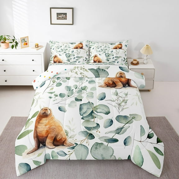 Erosebridal Cartoon Seal Twin Bedding Sets Ocean Wildlife Comforter Set, Spring Plant Bedding Comforter Sets Eucalyptus Leaf Duvet Insert, Sea Animal Theme Down Comforter Room Decor