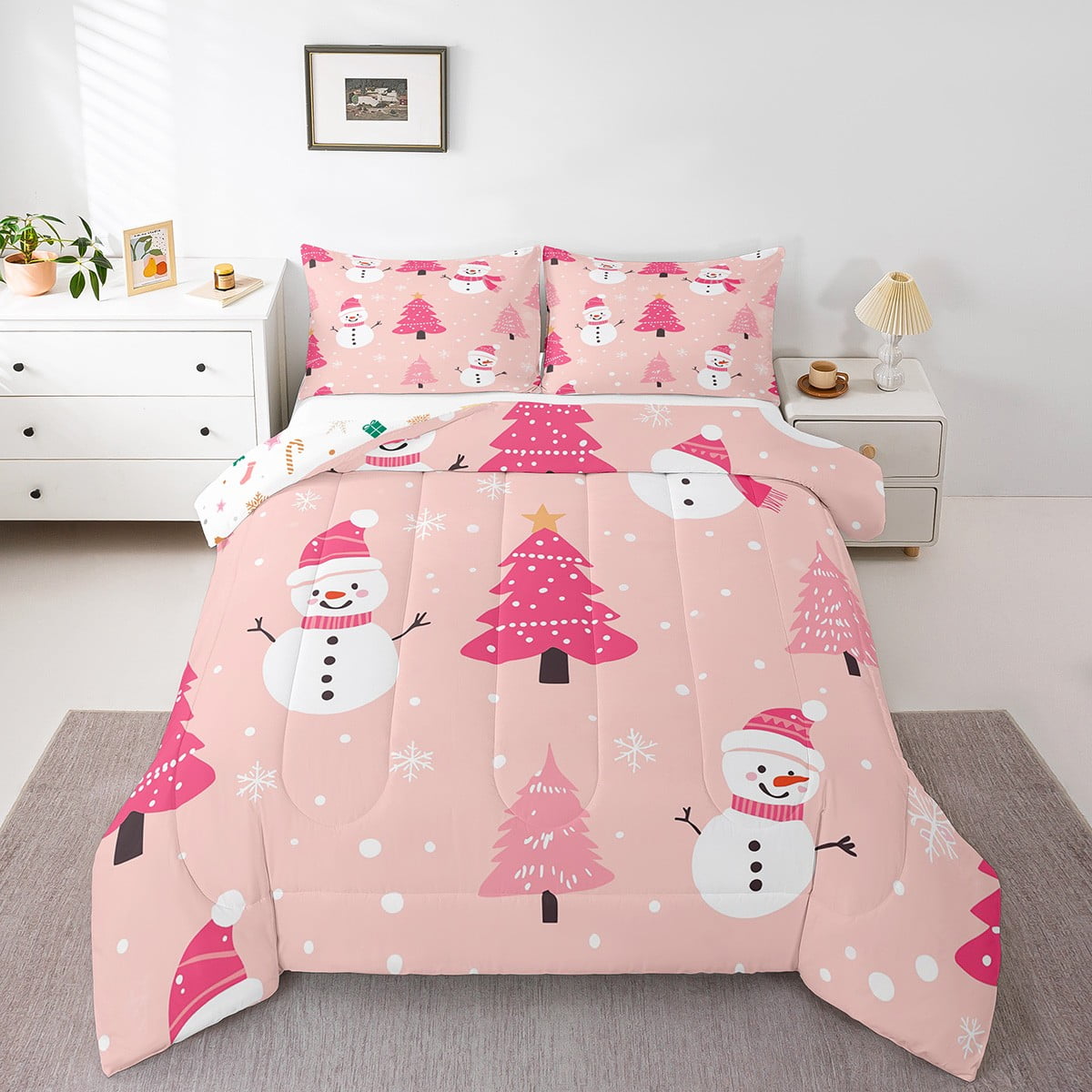 YST Cartoon Snowman Comforter Set King,Girls Christmas Bedding Set for