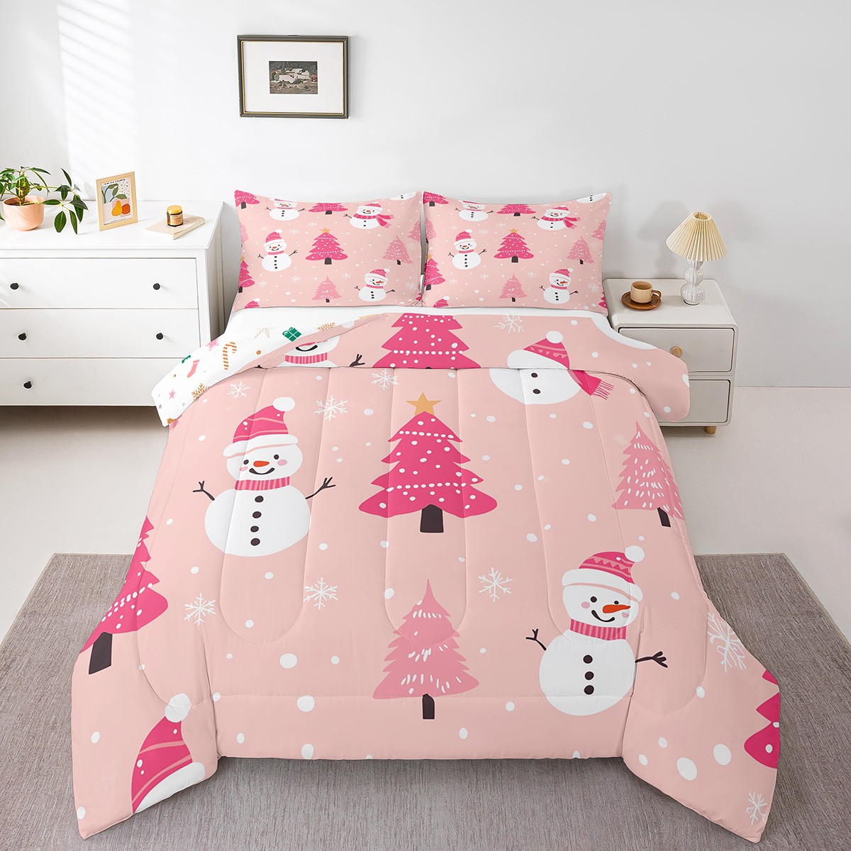 YST Cartoon Snowman Comforter Set Twin,Girls Christmas Bedding Set for
