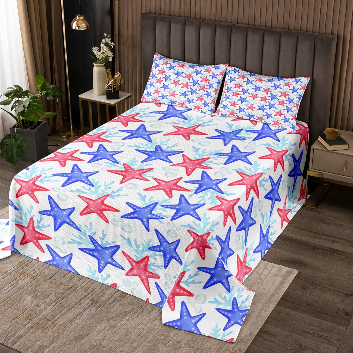 YST Cartoon Starfish Coverlet King Size for Kids Boys Girls Red Navy