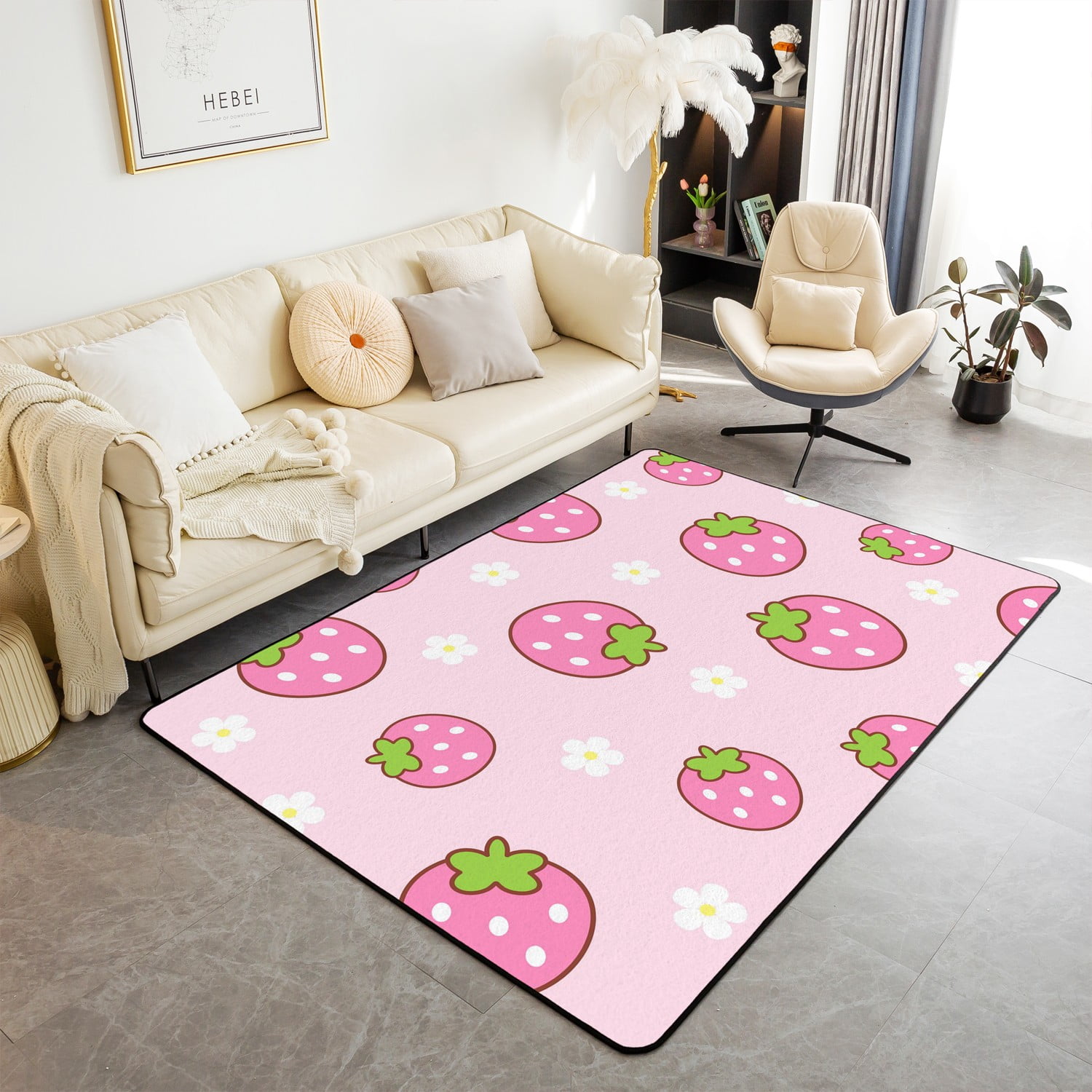 YST Cartoon Strawberry Area Rug 3x5 for Bedside,Kids Kawaii Tropical