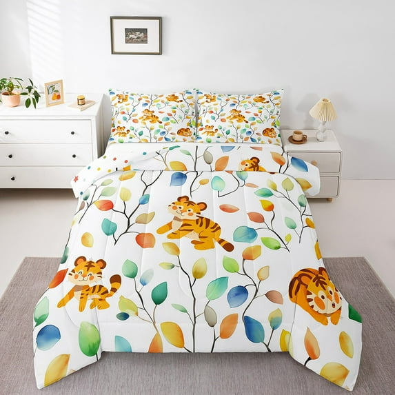 Erosebridal Cartoon Tiger Comforter Set Watercolor Floral Bedding Set, Botanical Plants Bedding Comforter Sets Jungle Animal Duvet Set, Tropical Leaves Quilted Comforter