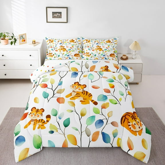 Erosebridal Cartoon Tiger Twin Comforter Set Watercolor Floral Bedding Set, Botanical Plants Bedding Comforter Sets Jungle Animal Duvet Set, Tropical Leaves Quilted Comforter