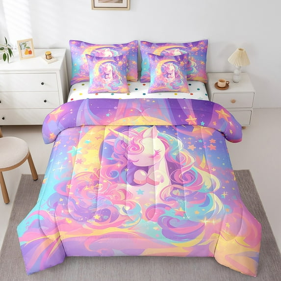 Cartoon Unicorn 7 Pcs Comforter Set Queen Moon Stars Bedding Galaxy Sky Clouds Fantasy Horse Sheet Set Bed in A Bag Dreamy Night Magic Room Decor Bed Set