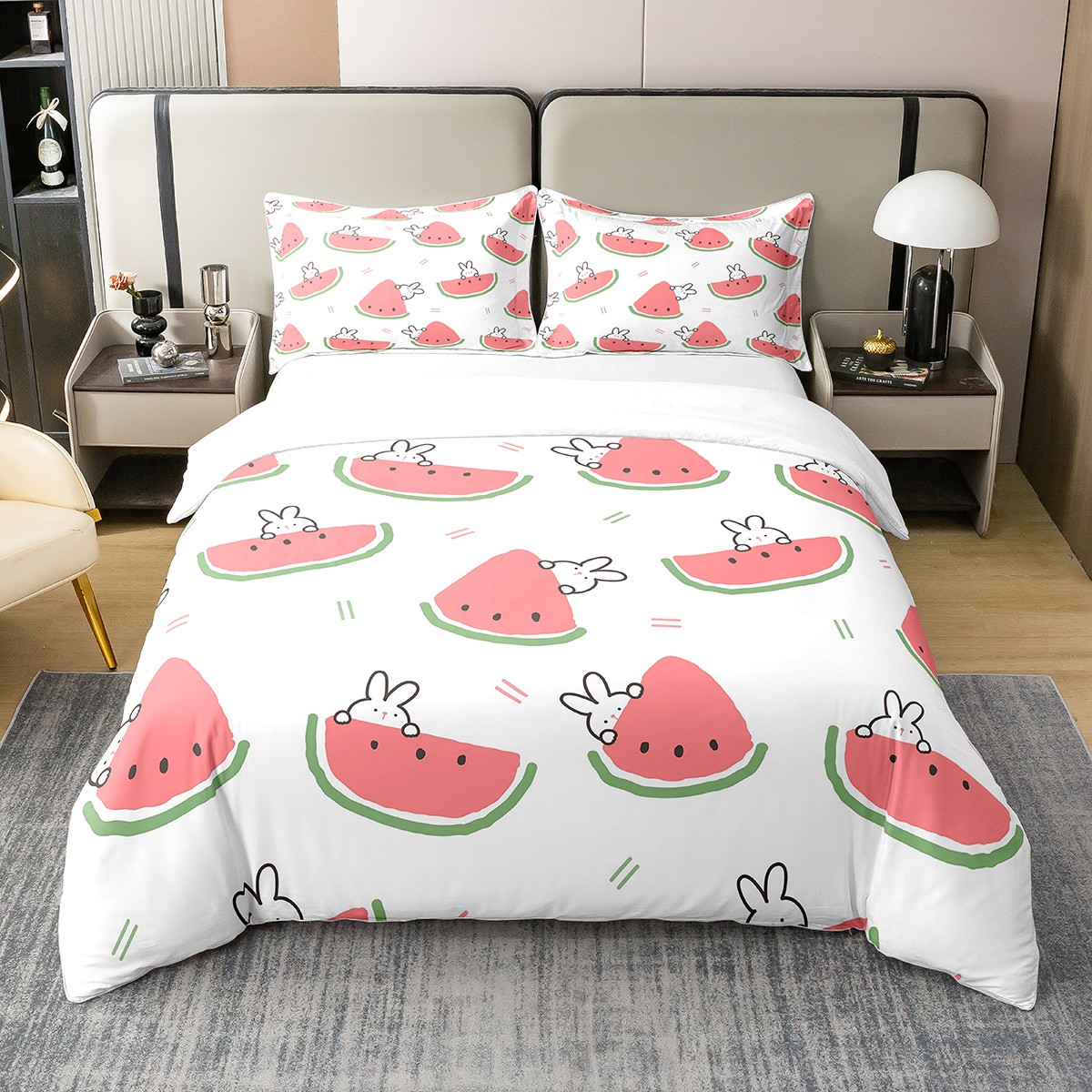 YST Cartoon Watermelon 100 Cotton Duvet Cover,Kawaii Rabbits Bedding