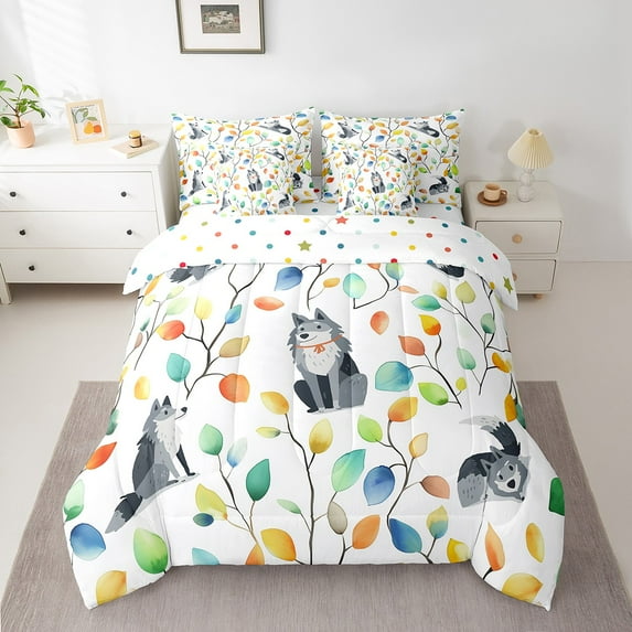 Cartoon Wolf Full Comforter Set 7pcs Watercolor Floral Bedding Comforter Sets, Botanical Plants Bed in a Bag Jungle Animal Bedding Set, Tropical Leaves Bed Sheets Set