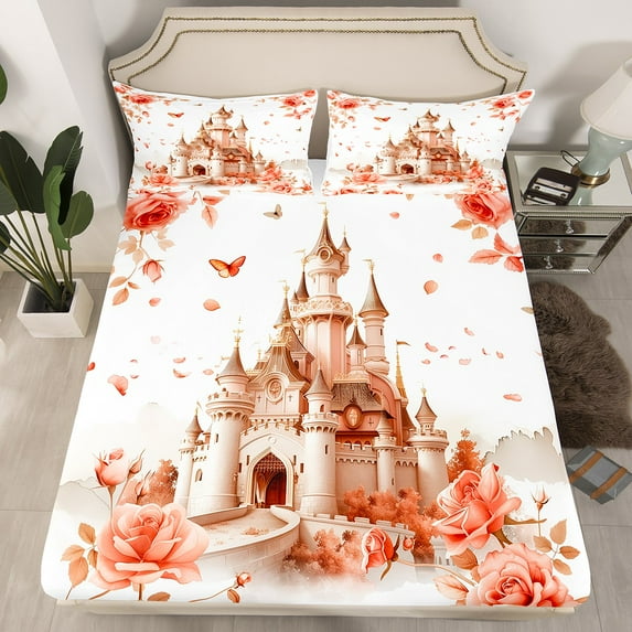 Erosebridal Castle Fitted Sheet Twin Retro Rose Butterflies Bed Sheets Women,Romantic Petals Flowers Bed Sheets Set Vintage Palace Sheets,Soft Microfiber