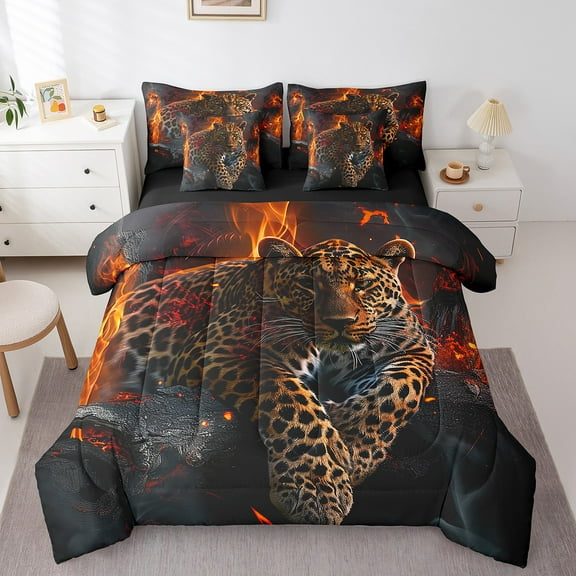Cheetah Full Comforter Set 7 Piece Leopard Bed In A Bag Adults Men,African Safari Animal Bedding Set With Sheet Set And Pillow Covers,Reversible Black Bed Set