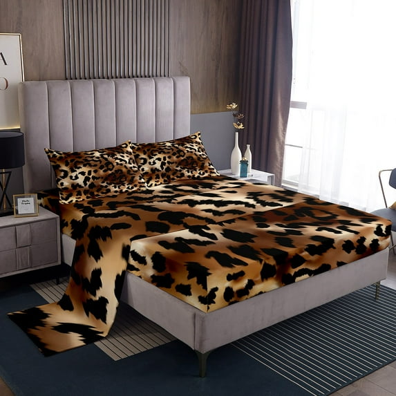 Erosebridal Cheetah Print Bed Sheets Set Full,Leopard Sheet Set for Adult,Romantic Brown Leopard Print Sheets,Flat Fitted Sheet with 2 Pillowcases Microfiber Soft