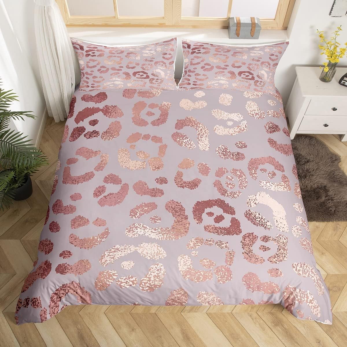 YST Cheetah Print Bedding Sets Full,Rose Gold Colored Leopard Print
