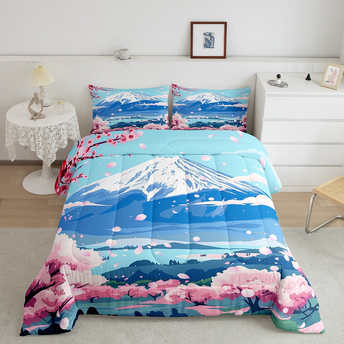 YST Cherry Blossoms Bedding Sets Japanese Fuji Mountain Comforter Set for Kids Boys Girls