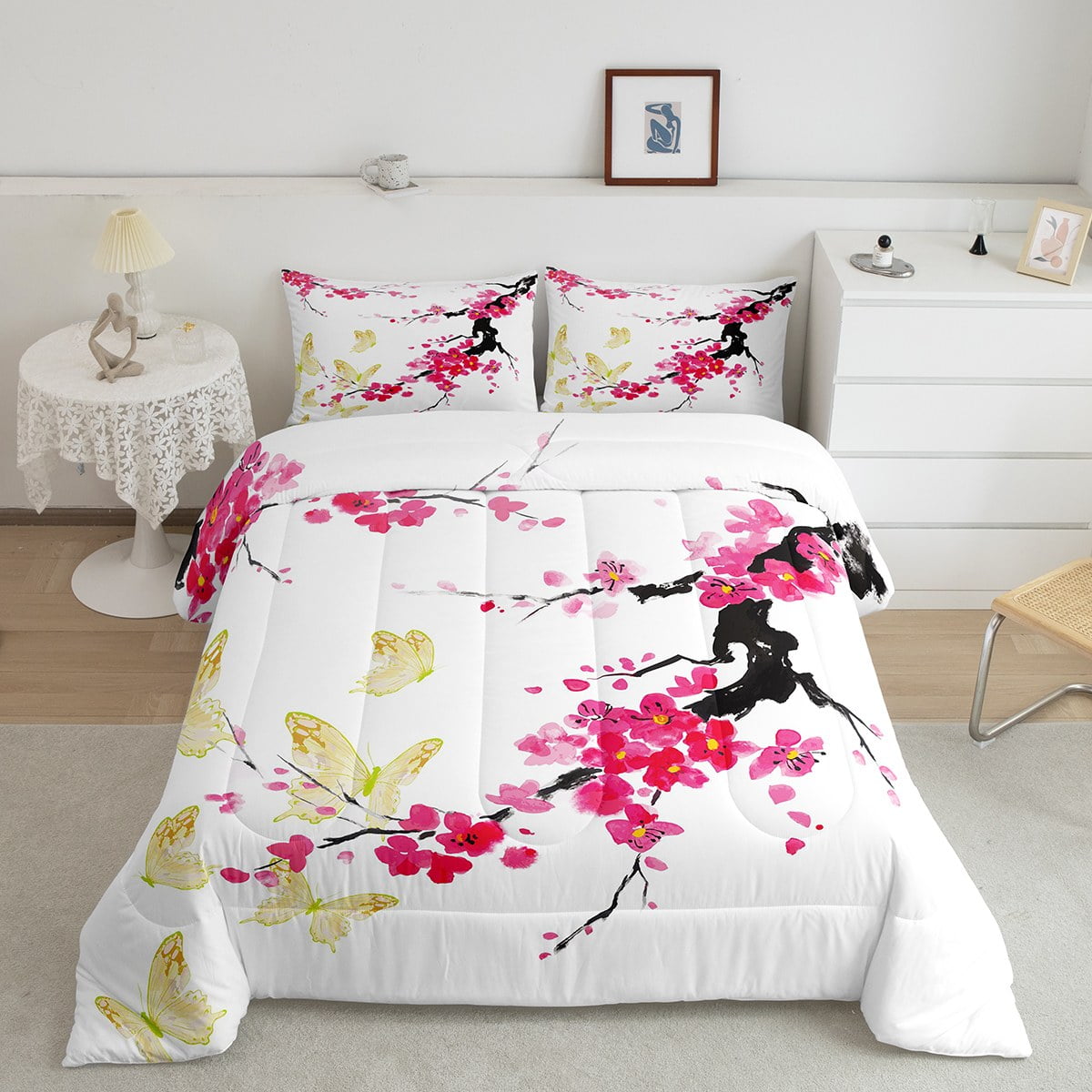 YST Cherry Blossoms Comforter Set King for Boys Kids Girly Pink Floral