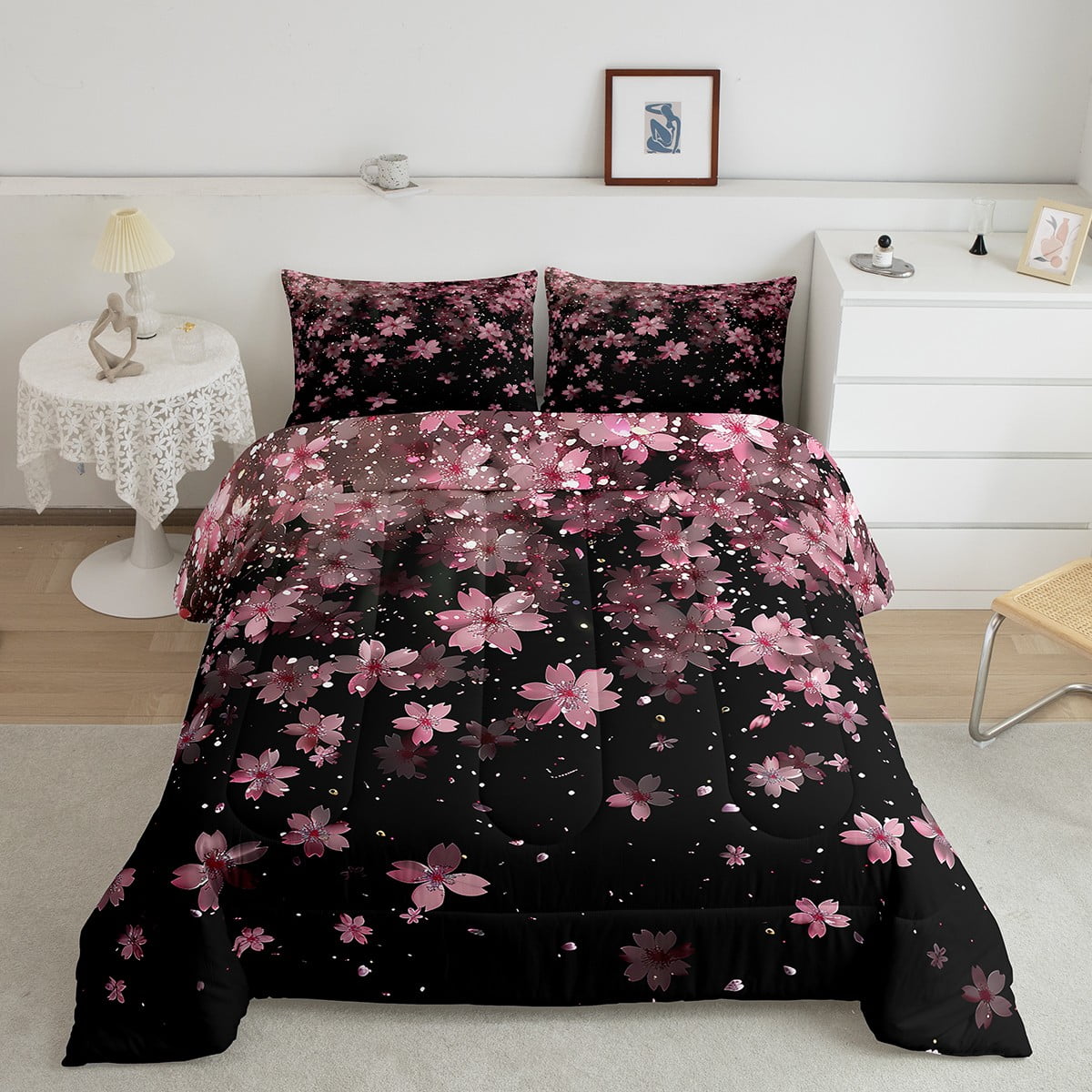 Twin Pink and Black Cherry Blossom Comforter Set