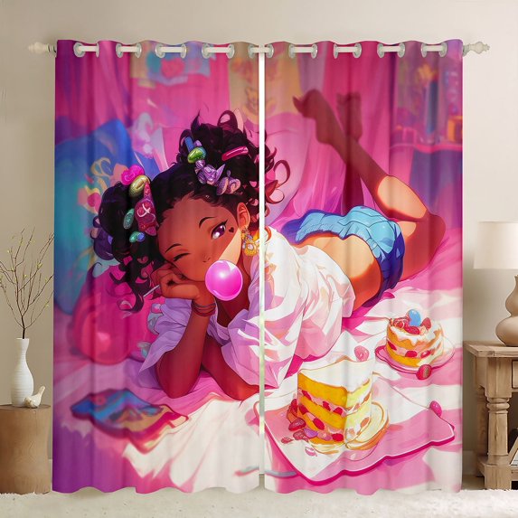 Chic Black Curtains & Drapes Happy Birthday 30%-50% Blackout Curtains Women, Cartoon Pink Curtains Dessert Cake Black Out Curtains, American African Princess Window Drapes