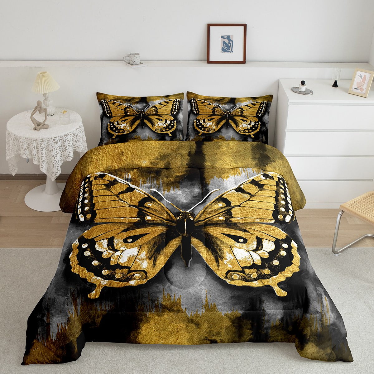 YST Chic Butterfly Comforter Set Queen Gold Butterfly Bedding Set