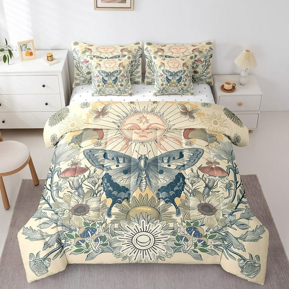 Chic Butterfly Full Comforter Set 7 Pieces Sun and Moon Print Bedding Comforter Sets, Hippie Mushroom Bed in a Bag Botanical Plants Bedding Set, Beige Bed Sheets Set