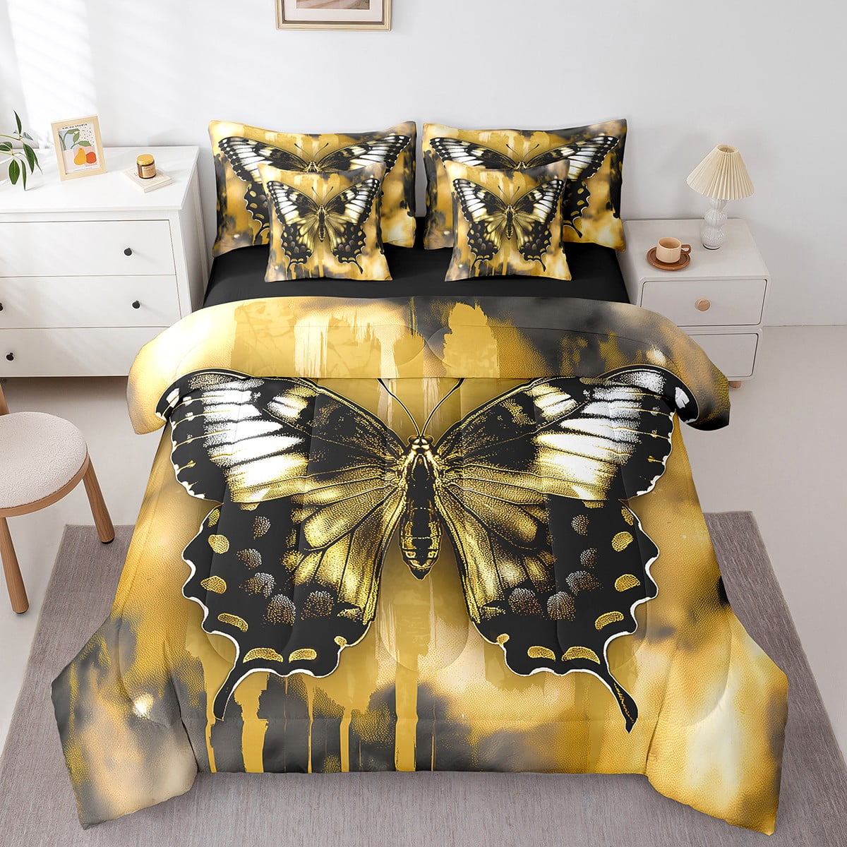 YST Chic Butterfly King Comforter Set 7 Pieces for Girls Women, Black