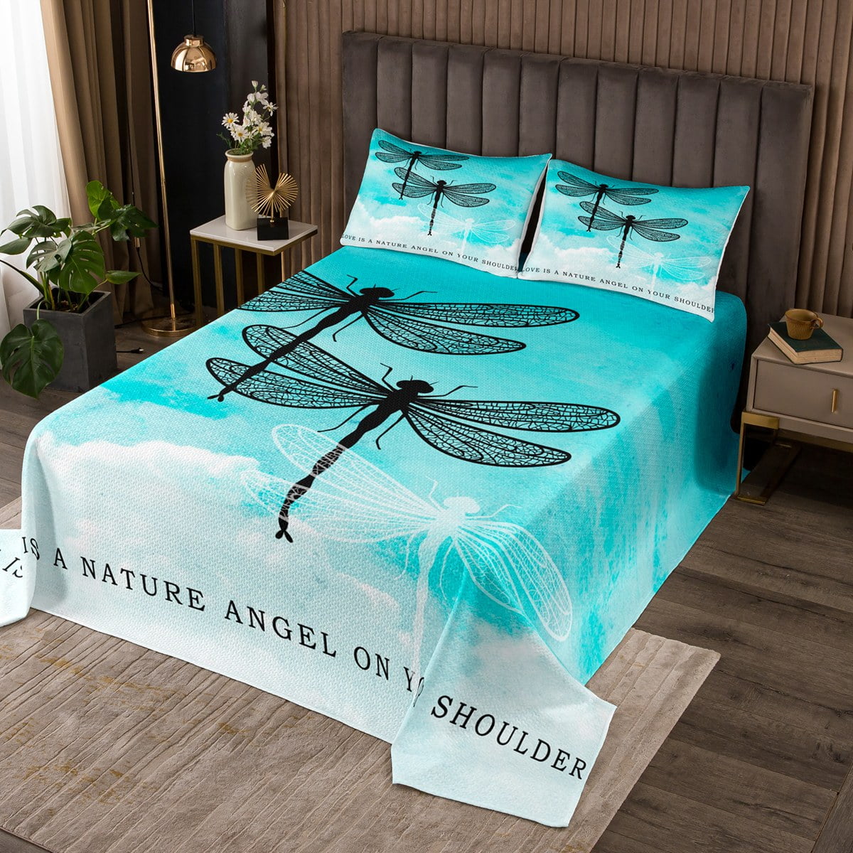 Yst Chic Dragonfly Coverlet Queen Size Teal Watercolor Bedding Set Black White Bedspread Set 4464