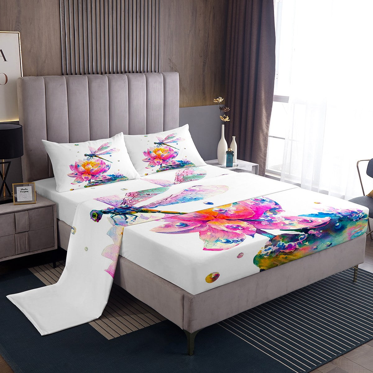 YST Chic Dragonfly Queen Sheets Pink Lotus Floral Bed Set, Girly