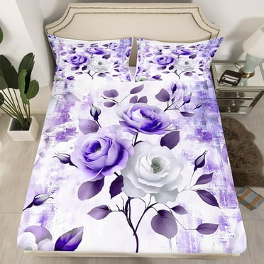 YST Chic Floral Bed Sheets for Girls Women Rose Flower Fitted Sheet Twin Size, Purple Ombre Bedding Gradient Oil Painting Sheet, Vintage Watercolor Bed Cover (Deep Pocket)（No Top Sheet）