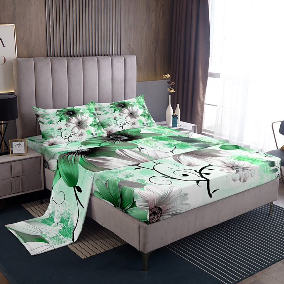 Erosebridal Chic Floral Bed Sheets Set Women Daisy Flower Sheet Set, Green Ombre Bed Set Gradient Oil Painting Full Sheets, Vintage Watercolor Bedding Set