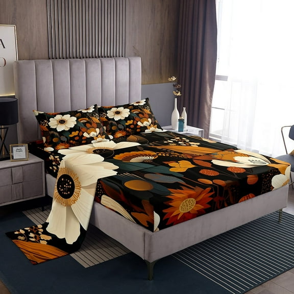 Erosebridal Chic Floral Bedding Queen Size Women Boho Flower Bed Sheets Set, Tropical Plant Leaves Sheet Set Botanical Theme Sheets, Rustic Vintage Top Sheet