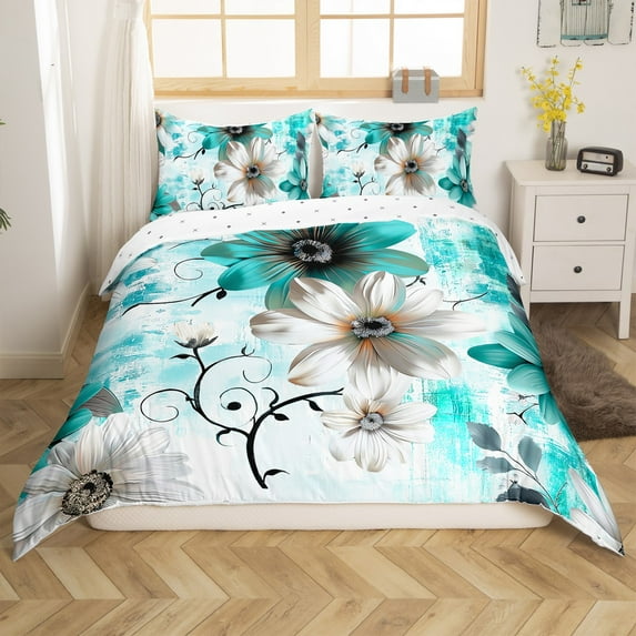 Erosebridal Chic Floral Bedding Twin Size Women Daisy Flower Duvet Cover, Teal Ombre Comforter Cover Gradient Oil Painting Bed Set, Vintage Watercolor Quilt Cover