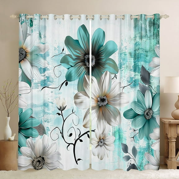 Erosebridal Chic Floral Curtains & Drapes Women Daisy Flower Curtains, Teal Ombre Blackout Curtains Gradient Oil Painting Living Room Curtains, Vintage Watercolor Window Curtains