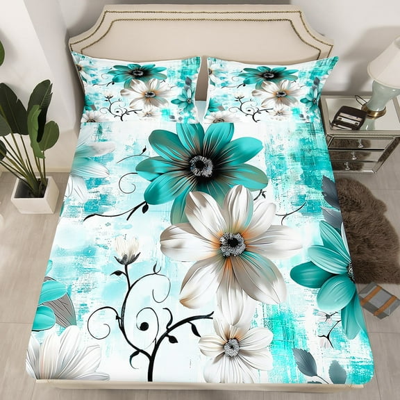 Chic Floral Full Fitted Sheet Women Daisy Flower Bedding, Teal Ombre Bed Sheets Gradient Oil Painting Bed Cover, Vintage Watercolor Bed Set (Deep Pocket)