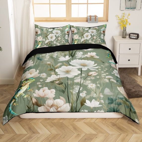 Chic Floral King Bedding Sets Lizard Duvet Cover,Tropical Plant Leaves Bed Set Botanical Theme Comforter Cover,Rustic Vintage Bed Cover(Zipper Closure)