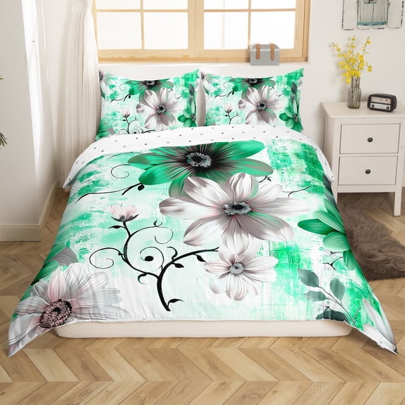 Erosebridal Chic Floral King Bedding Sets Women Daisy Flower Duvet Cover, Green Ombre Bed Set Gradient Oil Painting Comforter Cover, Vintage Watercolor Bed Cover
