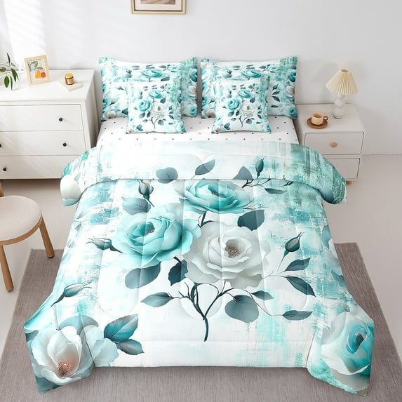 Chic Floral King Comforter Set 7 Pieces Women Rose Flower Bedding Comforter Sets,Teal Ombre Bed in a Bag Gradient Oil Painting Bedding Set,Vintage Watercolor Bed Sheets Set