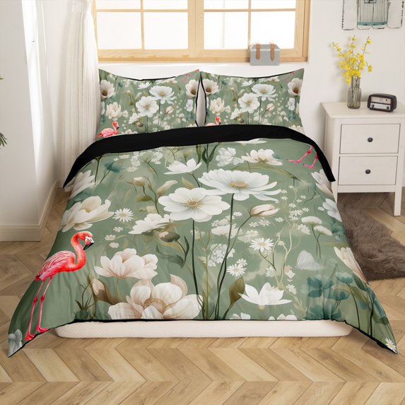 Chic Floral King Duvet Cover Women Boho Flamingo Bedding Set,Tropical Plant Leaves Bed Set Botanical Theme Comforter Cover,Rustic Vintage Bedspread Cover(Zipper Closure)
