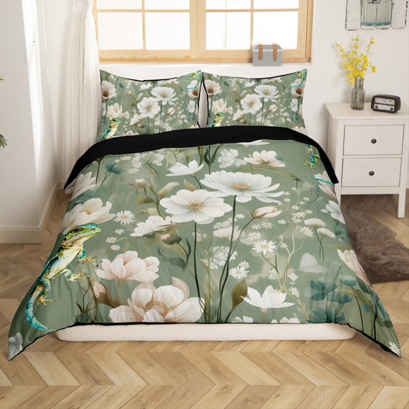 Chic Floral Queen Duvet Cover Lizard Bedding Set,Tropical Plant Leaves Bed Set Botanical Theme Comforter Cover,Rustic Vintage Bedspread Cover(Zipper Closure)
